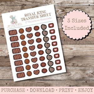 May include: A white sheet with various chocolate designs for royal icing transfer. The sheet includes different chocolate shapes, including rectangular, round, and heart-shaped, with the text "Royal Icing Transfer Sheet" and "1" Valentine Chocolate". A pink circle with the text "3 Sizes Included" is also present.