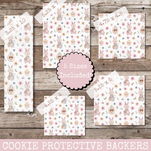 May include: Cookie protective backers in five sizes, featuring a repeating pattern of Easter bunnies, eggs, chicks, and flowers in pastel colors. Sizes include 3.25 x 10 inches, 5.25 x 7 inches, 4.75 x 4.5 inches, 5.25 x 5 inches, and 4.25 x 4 inches.