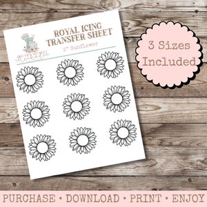 Pode incluir: Folha de transferência de glacê real imprimível com nove desenhos de girassol de 5 cm. A folha inclui o texto "ROYAL ICING TRANSFER SHEET" e "2" Sunflower". O texto "3 Sizes Included" está em um círculo rosa com uma borda preta.