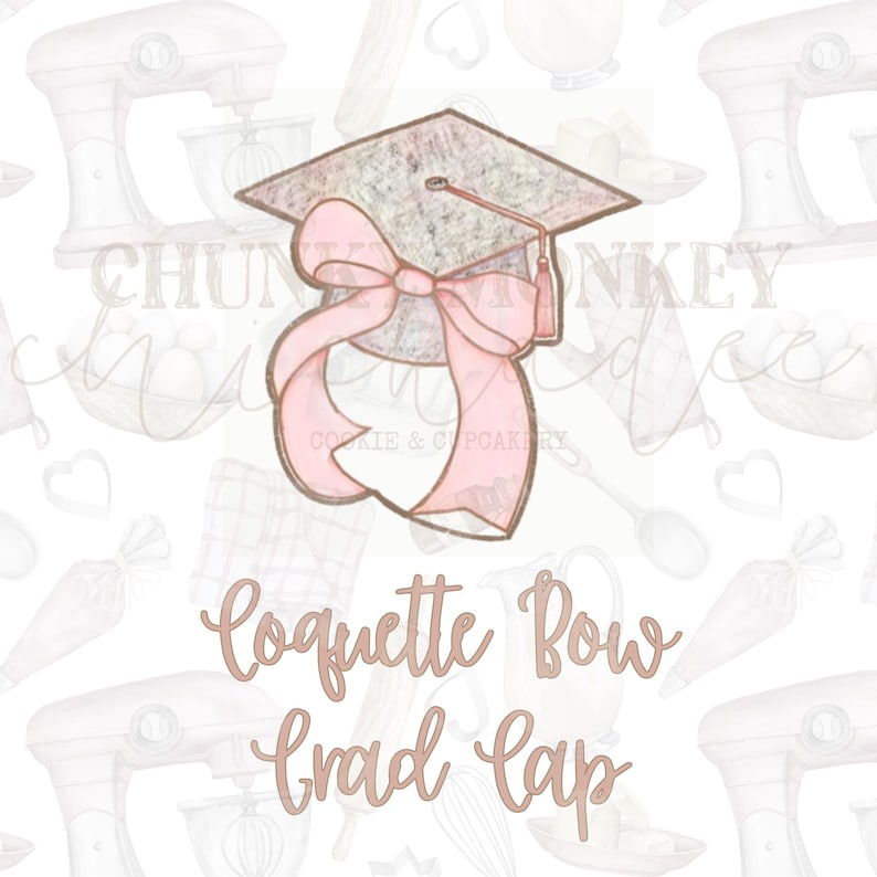 May include: A watercolor illustration of a graduation cap with a pink bow. The text "Coquette Bow Grad Cap" is written below the cap.