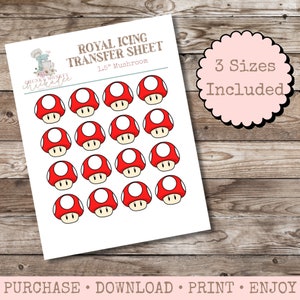 May include: A printable royal icing transfer sheet with 18 red and white mushroom images. The sheet is labeled "1.5" Mushroom" and "3 Sizes Included".