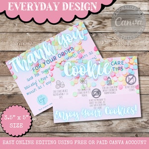 CANVA Editable Cookie Care Card, Printable Cookie Care Guide, Digital Cookie Instructions, Package Insert, Thank you, Doublesided, Everyday