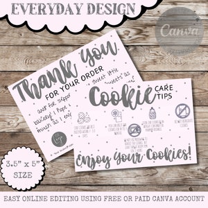 CANVA bearbeitbare Cookie-Pflegekarte, druckbare Anleitung für Cookie-Pflege, digitale Cookie-Anweisungen, Packungsbeilage, danke, doppelseitig, jeden Tag