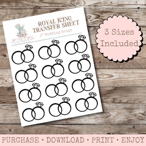 Pode incluir: Uma folha imprimível de desenhos de alianças de 5 cm para folhas de transferência de glacê real. A folha inclui 16 desenhos de alianças entrelaçadas com um diamante em uma das alianças. O texto "ROYAL ICING TRANSFER SHEET" e "2" Wedding Rings" está no topo da folha. O texto "3 Sizes Included" está em um círculo rosa no canto superior direito da folha.