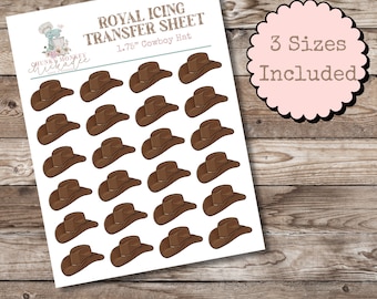 Puede incluir: Una hoja imprimible de diseños de transferencia de glaseado real de sombrero de vaquero de 1,75 pulgadas. La hoja incluye 20 diseños de sombreros de vaquero en marrón sobre un fondo blanco. El texto "Royal Icing Transfer Sheet" y "1.75" Cowboy Hat" está impreso en la parte superior de la hoja. El texto "3 Sizes Included" está impreso en un círculo rosa en el lado derecho de la hoja.