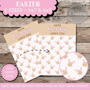 Può includere: Carta di Pasqua stampabile con sfondo marrone e pois rosa. La carta dice "Some Bunny Loves You" e presenta un motivo di facce di coniglietti con fiocchi rosa. La carta è progettata per una stampa di 5x7 o 4x6 pollici.