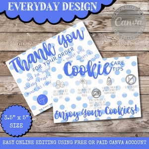 CANVA bearbeitbare Cookie-Pflegekarte, druckbare Anleitung für Cookie-Pflege, digitale Cookie-Anweisungen, Packungsbeilage, danke, doppelseitig, blauer Punkt