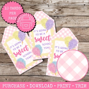 May include: Ten printable gift tags featuring a pink and white gingham pattern with a cotton candy graphic and the text "It's going to be a sweet school year!"