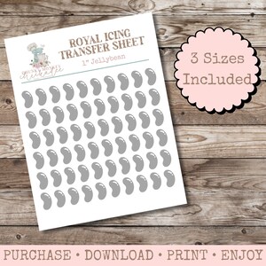 May include: A printable royal icing transfer sheet with 1-inch jellybean shapes. The sheet is designed for use with royal icing and includes three sizes of jellybean shapes. The text "CHUNKY MONKEY" and "ROYAL ICING TRANSFER SHEET" is printed on the sheet. The text "1" Jellybean" is printed below the title. The text "3 Sizes Included" is printed in a pink circle with a black border.