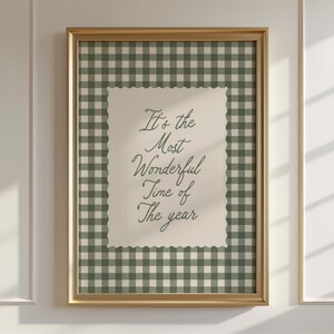 Most Wonderful Time of the Year Print, Christmas Wall Art, Rustic Sage Green Gingham Holiday Decor
