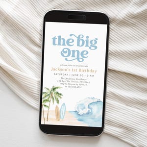 The Big One Surf Birthday Invitation, Editable Electronic Surfboard Birthday Invite, Beach Summer Pool Party Invitation, DIGITAL DOWNLOAD