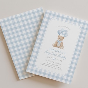 May include: Two light blue gingham patterned cards. One card features a teddy bear illustration with blue balloons and the text "Anderson's Beary First Birthday" with event details. The other card is blank.