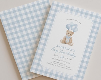 Beary First Birthday Invitation Template, Editable Blue Gingham Teddy Bear Boy 1st Birthday Invite