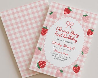 May include: A set of two pink and white gingham patterned invitations. The front invitation features the text "Olivia's Berry First Birthday" with strawberry illustrations. The back of the invitation is a pink and white gingham pattern.