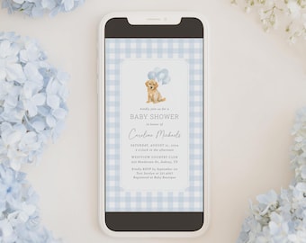 Electronic Golden Retriever Baby Shower Invitation Template, Editable Blue Gingham Puppy Dog Baby Shower Invite, DIGITAL DOWNLOAD