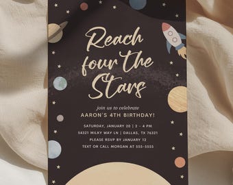 Modèle d'invitation pour 4e anniversaire de l'espace extra-atmosphérique, invitation modifiable pour une fête d'anniversaire pour enfants Reach Four the Stars