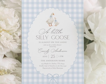 Silly Goose Baby Shower Invitation Template, Blue Gingham Goose Boy Baby Shower Invite, Mother Goose Baby Shower DIGITAL DOWNLOAD