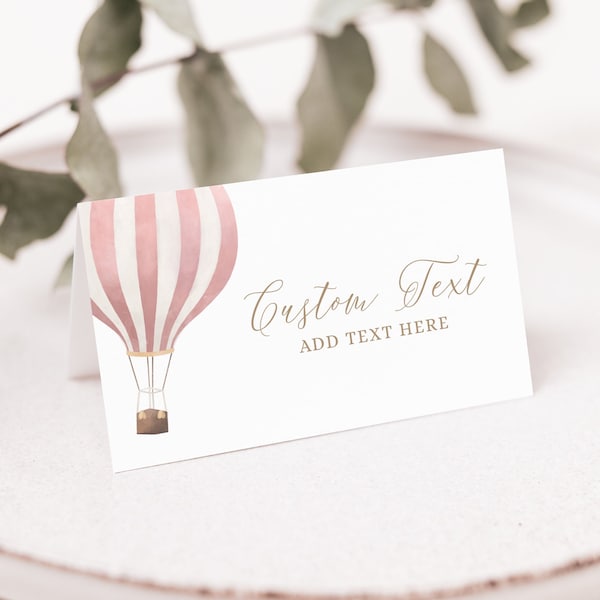 Editable Pink Hot Air Balloon Baby Shower Place Card Template, Printable Travel Baby Shower Tent Card, DIGITAL DOWNLOAD