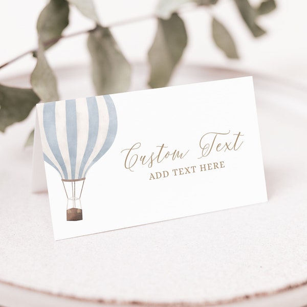 Editable Blue Hot Air Balloon Baby Shower Place Card Template, Printable Travel Baby Shower Tent Card, DIGITAL DOWNLOAD