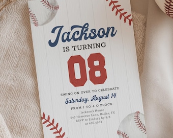 May include: Baseball-themed birthday invitation with the name "Jackson" in navy blue script. The number "08" is in red, and the invitation includes event details. Baseball graphics and stitching accents the design.