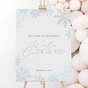 Może przedstawiać: Biały znak na drewnianym sztaludze z napisem "Welcome to Jackson's Winter Onerderland" w niebieskim skrypcie i płatkach śniegu. Wyświetlana jest również data "November 30, 2026". Białe balony w tle.