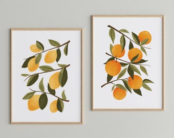 Citrus Botanical Prints Set of 2, Lemon Print, Botanical Citrus Wall Art, Farmhouse Kitchen Decor, Orange Branch