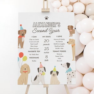 Letrero de cumpleaños de cachorro, plantilla de estadísticas de primer y segundo año para fiesta de cumpleaños de perro imprimible, Puppy Pawty, DESCARGA DIGITAL