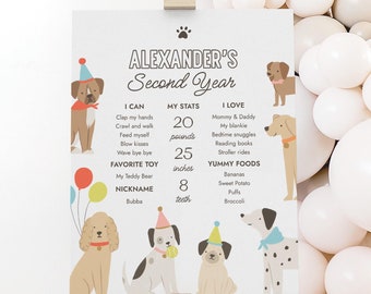 Verjaardagsbord voor puppy's, printbaar sjabloon voor de eerste en tweede verjaardag van je hond, puppyfeestje, digitale download