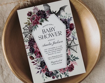 Halloween Baby Shower Invitation, Floral Coffin Baby Shower Invite, Gothic Baby Shower Invitation Template, DIGITAL DOWNLOAD