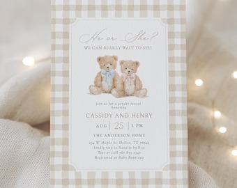 Teddy Bear Gender Reveal Invitation Template, We Can Bearly Wait Gingham Gender Reveal Party Invite