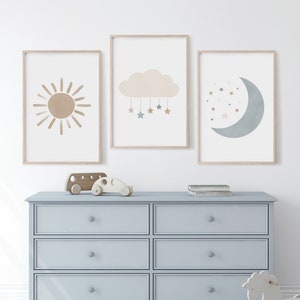 Neutral Cloud Moon and Sun Set of 3 Prints, Boy Nursery Decor ...