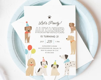 May include: A colorful invitation for a dog-themed birthday party. The invitation features a paw print, the text "Let's Pawty! Alexander is turning 2!" and illustrations of dogs wearing party hats. The invitation includes the date, time, and location of the party.