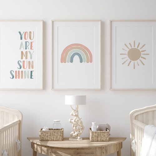 Neutral Rainbow Wall Art Set of 3 Prints You Are My Sunshine ...