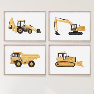 Construction Vehicles Set of 4 Prints, Boys Room Decor, PRINTABLE Wall Art, Construction Decor, Backhoe Excavator Dump, DIGITAL DOWNLOAD