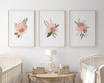 Floral Nursery Decor Set of 3 Prints, Girl Nursery Decor, PRINTABLE Flower Wall Art, Girls Room Decor, DIGITAL DOWNLOAD