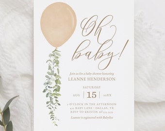 Oh Baby Balloon Baby Shower Invitation, Gold Watercolor Balloon Baby Shower Invite, Printable Invitation Template, DIGITAL DOWNLOAD