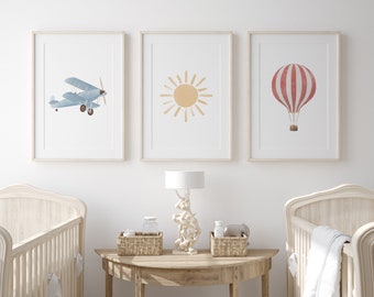 Travel Nursery Decor, Hot Air Balloon Print, Biplane Print, Printable Travel Wall Art, Kids Room Decor, DIGITAL DOWNLOAD