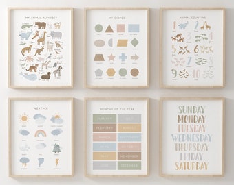 Neutral Educational Wall Art Decor Bundle, Printable Boho Classroom Posters, Animal Alphabet Shapes Weather Days