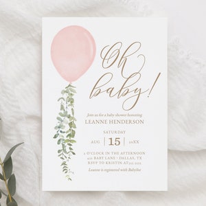 Oh Baby Balloon Baby Shower Invitation, Pink Watercolor Balloon Girl Baby Shower Invite, Printable Invitation Template, DIGITAL DOWNLOAD