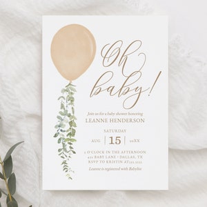 Oh Baby Balloon Baby Shower Invitation, Gold Watercolor Balloon Baby Shower Invite, Printable Invitation Template, DIGITAL DOWNLOAD