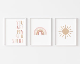 Neutral Rainbow Wall Art Set of 3 Prints, You Are My Sunshine, Rainbow Nursery Decor, Kids Room Decor, Baby Shower Gift, PRINTED AND SHIPPED