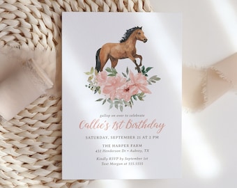 Editable Horse Birthday Invitation, Floral Horse Birthday Party Invite, Gallop on Over Cowgirl Birthday Template