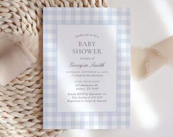 Blue Gingham Baby Shower Invitation, Editable Classic Gingham Boy Baby Shower Invite, Printable Invitation Template, DIGITAL DOWNLOAD