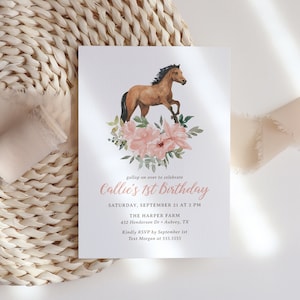Invitation d’anniversaire de cheval modifiable, invitation à une fête d’anniversaire de cheval floral, galop sur un modèle d’anniversaire de cow-girl