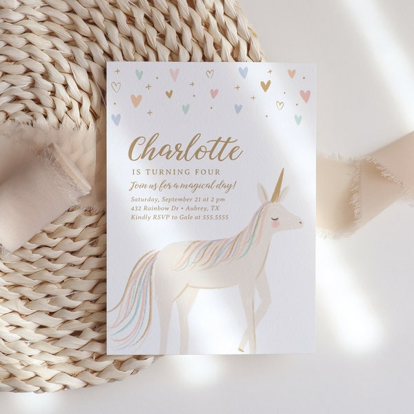 Editable Unicorn Birthday Invitation Template, Pastel Unicorn Birthday Party Invite, Magical Unicorn Invitation