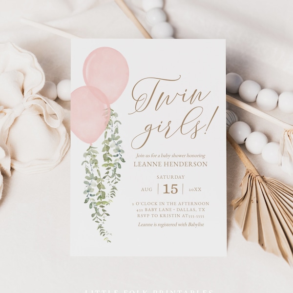 Twin Girls Balloon Baby Shower Invitation, Pink Watercolor Balloon Baby Shower Invite, Printable Invitation Template, DIGITAL DOWNLOAD