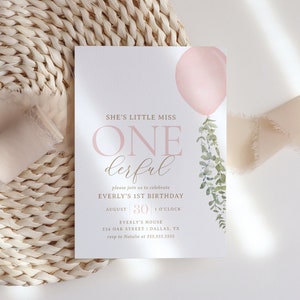 Little Miss Onederful Pink Balloon 1st Birthday Invitation, Pink Watercolor Balloon Birthday Invite, Editable Template, DIGITAL DOWNLOAD
