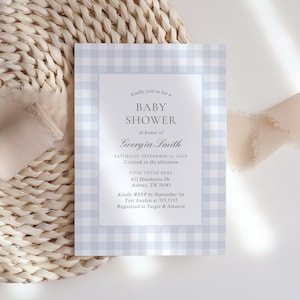 Blue Gingham Baby Shower Invitation, Editable Classic Gingham Boy Baby Shower Invite, Printable Invitation Template, DIGITAL DOWNLOAD