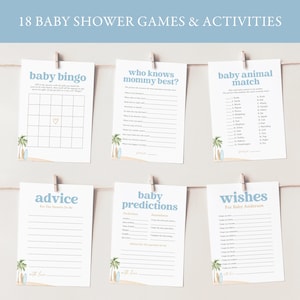 Pacchetto di giochi per baby shower con tavola da surf, attività per baby shower in spiaggia, giochi stampabili per baby shower "Baby on Board", DOWNLOAD DIGITALE