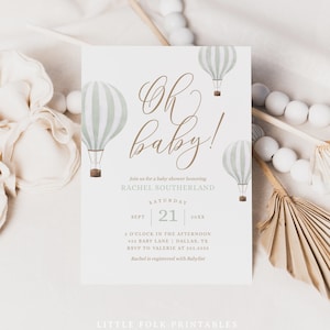 Green Hot Air Balloon Baby Shower Invitation, Gender Neutral Baby Shower Invite, Oh Baby Printable Invitation Template, DIGITAL DOWNLOAD